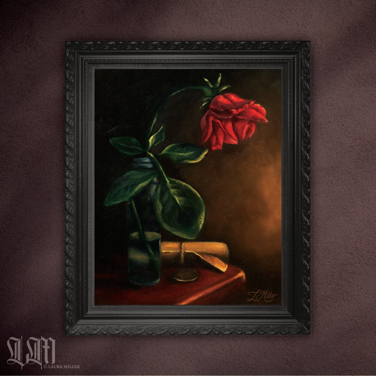 Oil painting of a wilting red rose in a glass apothecary bottle, it sits atop of an old red leather bound book, a vintage paper scroll and victorian coin. An atmospheric dark background with light illuminating the subject from the right to give the painting a dramatic and moody feel. 