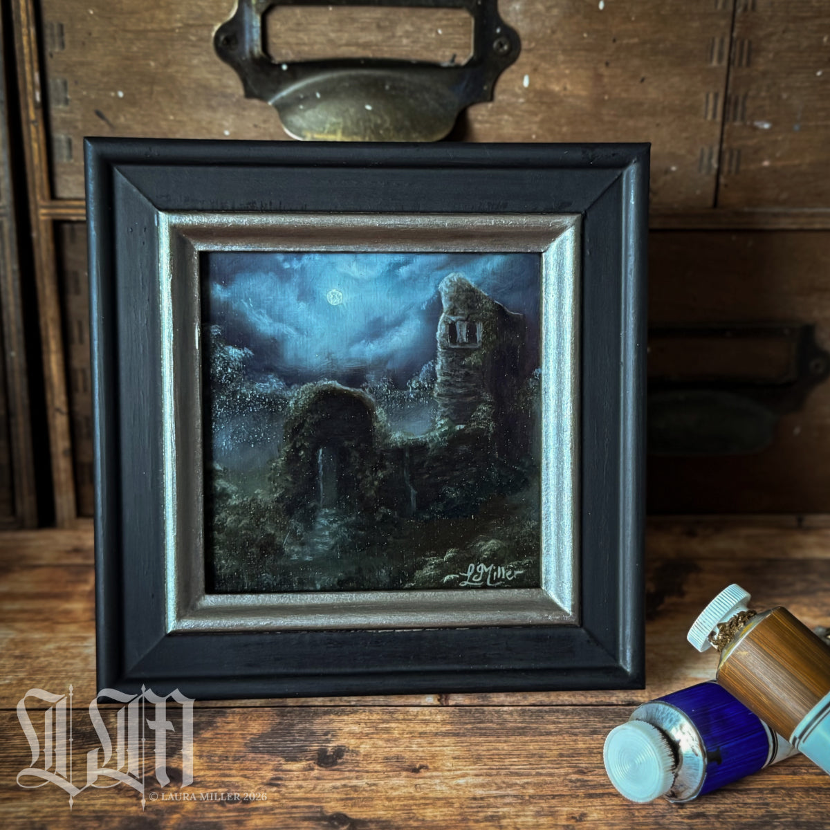 "Overgrown Ruins in the Moonlight" -  Framed Original Oil Painting